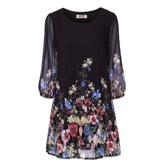 DJT Shift Chiffon Dress 3/4 Sleeve Elastic Cuff Knee Length Floral Print Lined - Picture 4 of 14